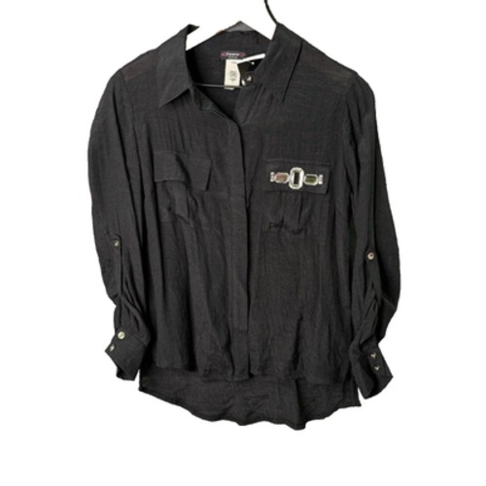 Cocomo Womens Blouse PL‎ Black Crystal Embellished Roll Tab High Low Work Glam